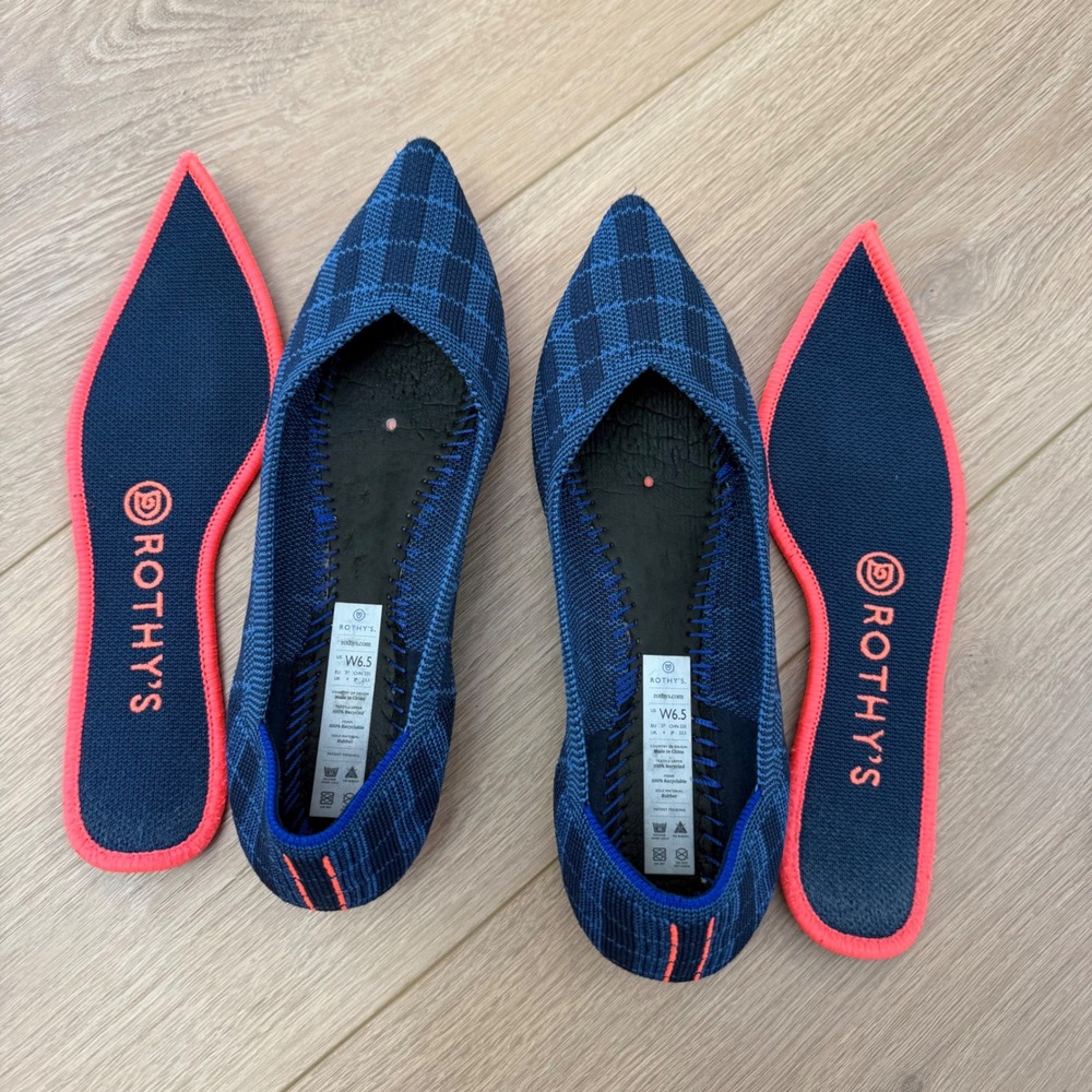Rothys The Point Navy Blue Plaid Pointed Toe Flats Neon Orange Sole Womens 6.5 - Picture 8 of 8